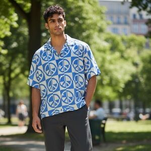 ASOS Design Peace Sign Shirt Medium Blue Graphic Button Up Short Sleeve Festival